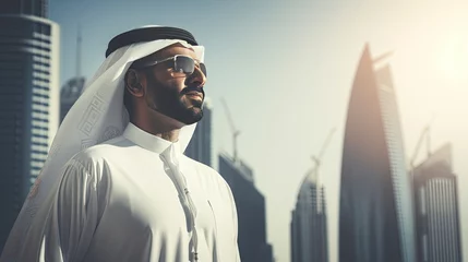 Tuinposter Arab businessman in Dubai, one color background, copy space with generative ai © ImronDesign