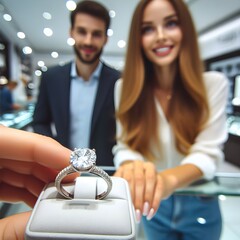 Beautiful young caucasian couple choosing engagement ring in jewelry store, closeup POV from perspective of diamond ring  - obrazy, fototapety, plakaty