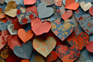 A Background Adorned with a Collage of Paper-Cutout Hearts, Showcasing Diverse Textures and Patterns background for valentine day posts