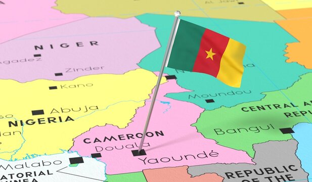 Cameroon, Yaounde - national flag pinned on political map - 3D illustration