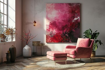 Abstract burgundy and pastel pink painting on empty white wall of fashionable living room interior with classy armchair and fashionable sofa
