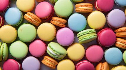 Fototapeta na wymiar A pattern of macaroons with cream filling of various bright colors are tightly stacked next to each other, creating a mosaic pattern
