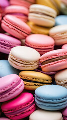 Obraz premium A pattern of macaroons with cream filling of various bright colors are tightly stacked next to each other, creating a mosaic pattern