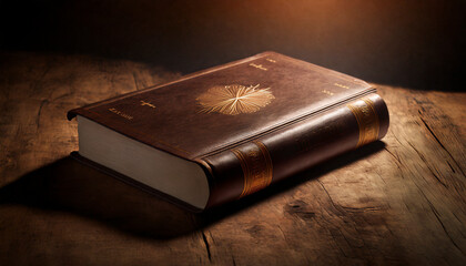 Bible book on a wooden table. Dark background.