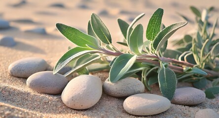 Fototapeta na wymiar natural harmony . sage twig and pebble rocks on sand . serene Botonical background