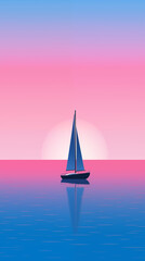 A sailboat in the ocean. Abstract drawn illustration in blue and pink colors.