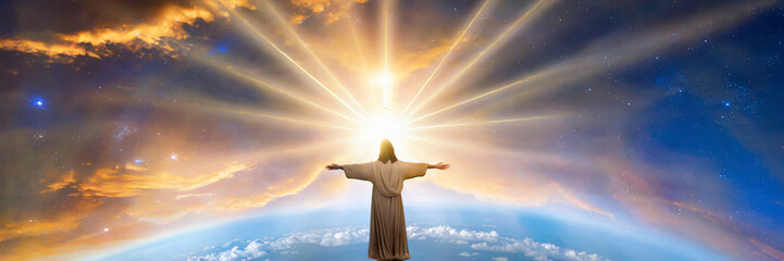 Jesus Christ in the sky with rays of light. 