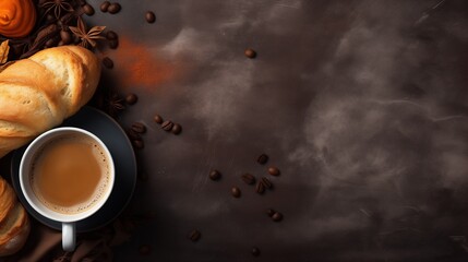 A cup of coffee with bread on black background with coffee bean with copy space.