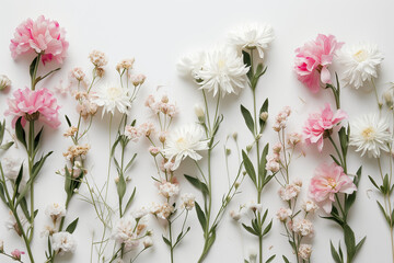 Pink and white flowers on a white background, in the style of rustic simplicity, pastel color scheme