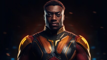 African american superhero Portrait of black man in fantastic costume - obrazy, fototapety, plakaty