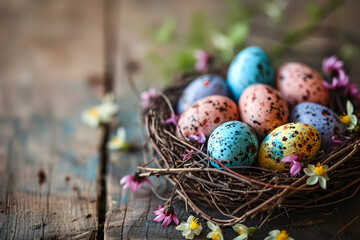 A Nest Adorned with Colorful Eggs and Blooms Rests on a Wooden Background, Creating a Charming Scene with Copy Space Easter Delight