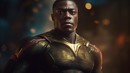 African american superhero Portrait of black man in fantastic costume - obrazy, fototapety, plakaty