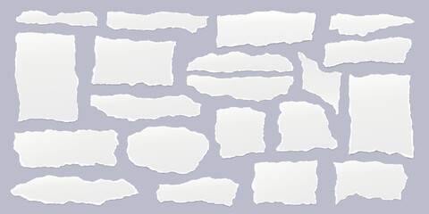 Set of torn, ripped paper strips with soft shadow are on light grey background for text. - obrazy, fototapety, plakaty