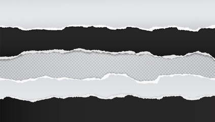 Naklejka premium Torn, ripped black and white paper strips with soft shadow are on grey background for text.