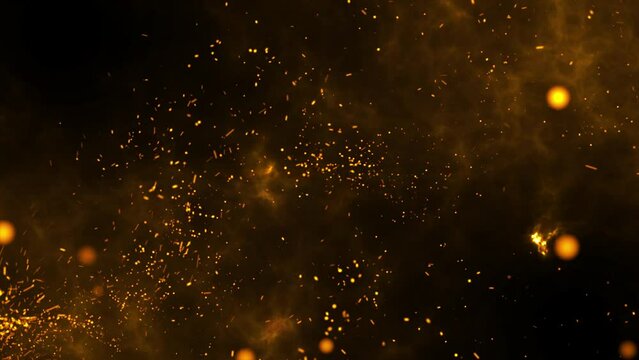 Golden particles fly and burn, background with fire