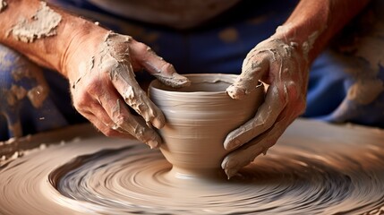 Skilled potter expertly crafting matching ceramics on a pottery wheel in a charming workshop studio