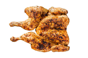 Whole roasted Chicken rotisserie with herbs. Transparent background. Isolated.