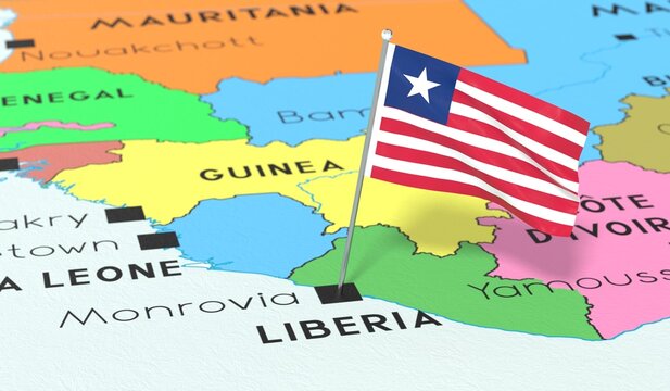 Liberia, Monrovia - national flag pinned on political map - 3D illustration