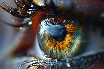 Human eye in double exposure with star nebula, extreme close up. Concepts: artistic illustrative material for an ophthalmology clinic, vision correction, contact lenses