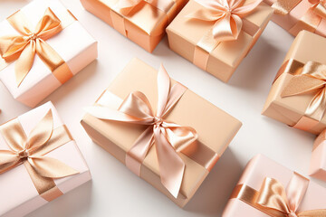 Obraz na płótnie Canvas Trend color of 2024 Peach Fuzz. Gift boxes with ribbons of the color of Peach Fuzz on a white background. Gift boxes for Valentine's Day.