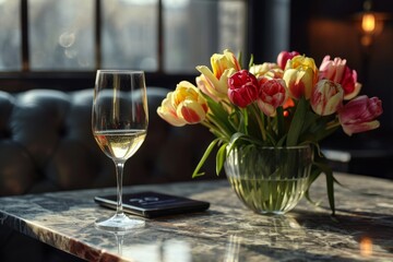 Afternoon Wine Reflections with a Tulip Bouquet.
A reflective afternoon moment with a glass of wine and a bouquet of colourful tulips.