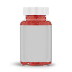 Transparent glass bottle filled with  vitamin D3 gummies, healthy vitamin bottle without label