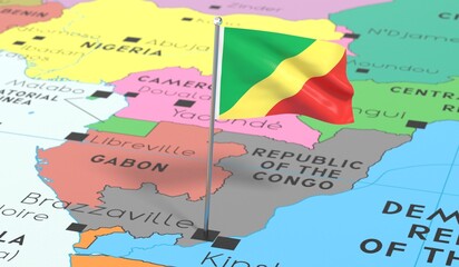 Obraz premium Republic of the Congo, Brazzaville - national flag pinned on political map - 3D illustration