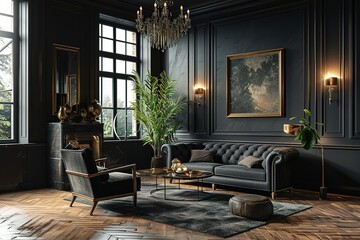 Black sofa and armchairs against of black classic paneling wall. Art deco style interior design of modern living room --ar 3:2 --stylize 250 --v 6 Job ID: 5d74ca35-70da-42da-8486-2cdd0f62e696