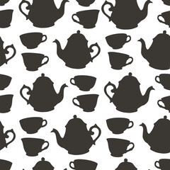 Neutral black and white seamless pattern with decorative cups and teapots, hand drawn doodle pattern
