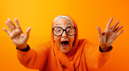 Le cri d'une vieille femme portant des lunettes, arrière-plan orange