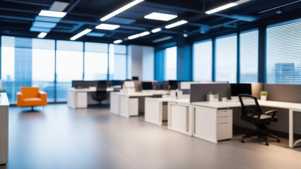 Fototapeta na wymiar Abstract blurred interior modern office space with business and empty space, people working, panoramic windows, and beautiful lighting background blur in business concept.