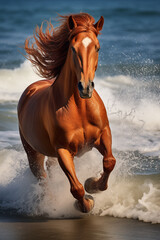 Un cheval galopant sur une plage au bord de la mer