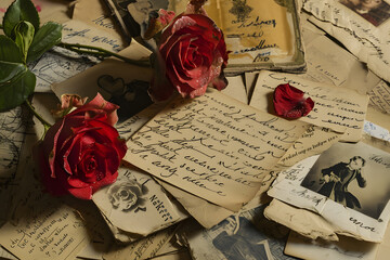vintage love letters, postcards, and romantic memorabilia arranged artistically valentine background