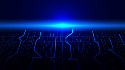 Perspective circuit lines with grid. Futuristic technology, digital data and modern communication concept on dark blue background.