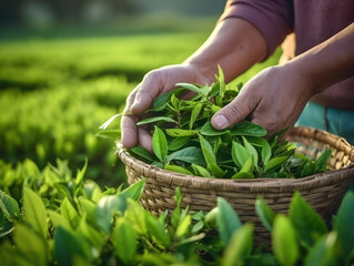 Close-up photo of farmer's hands pick tea leaves in the garden
