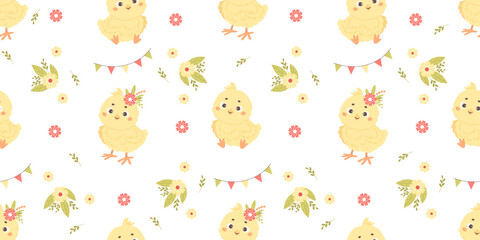 Seamless pattern with little cute chicks on white background with flowers. Vector illustration for design, wallpaper, packaging, textile. Kids collection