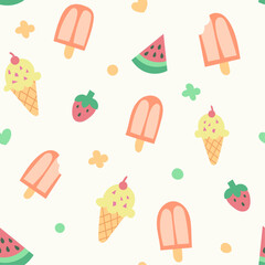 Stylish ice cream seamless background. Tropical fruits pattern. Modern hand-drawn print for fabric, surface, wallpaper.