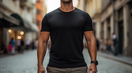 Close up male man upper body in black t-shirt mockup on the blurred street - obrazy, fototapety, plakaty