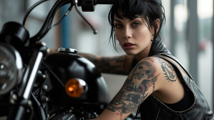 person with a motorcycle, lady with black hair