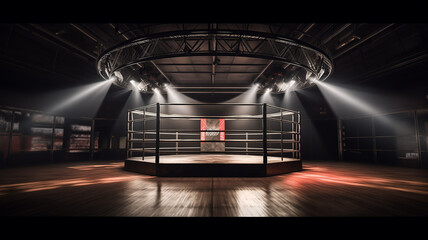 Empty MMA Fighting cage made with. Showcasing an Octagonal Podium Fighting Ring