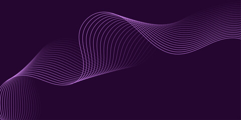 Abstract background with waves for banner. Medium banner size. Vector background with lines. Element for design isolated on dark purple. Purple color. Ocean, night. Brochure, booklet