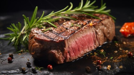 close up medium rare steak top with rosemary 
