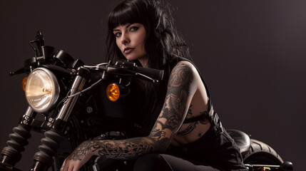 Naklejka premium girl with a motorcycle, black hair