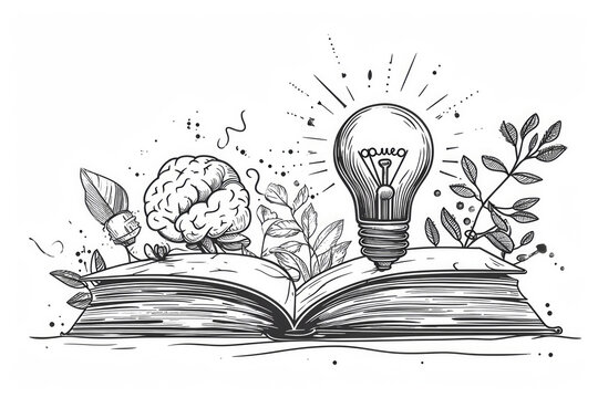 Book one line drawing, continuous vector education and literature with brain and light bulb.