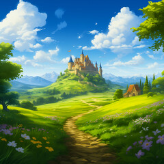 Spring castle on the mountain in green plain with blue sky