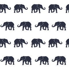Seamless pattern with hand drawn silhouette elephants, cute doodle seamless pattern