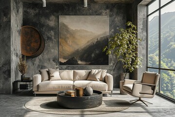 Gray walls, a concrete floor, a beige sofa next to a black coffee table, and a beige armchair with a vertical poster above it may all be found in a living room. a mockup