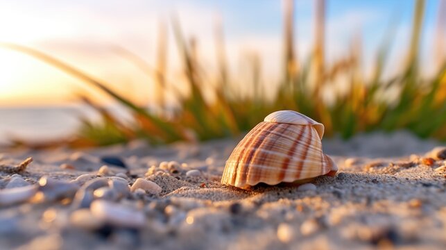 A close-up of a seashell on the sand on the beach in the back-light of sunset, background, generative ai
