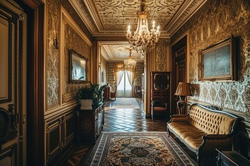 Fototapeta na wymiar hall of a luxury home. corridor between rooms in an antique mansion with vintage wallpaper and patterned stucco on the walls. baroque interior