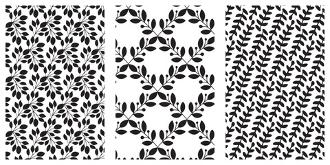  Floral seamless pattern set. Black doodle branches and berries on white background. Vector illustration.